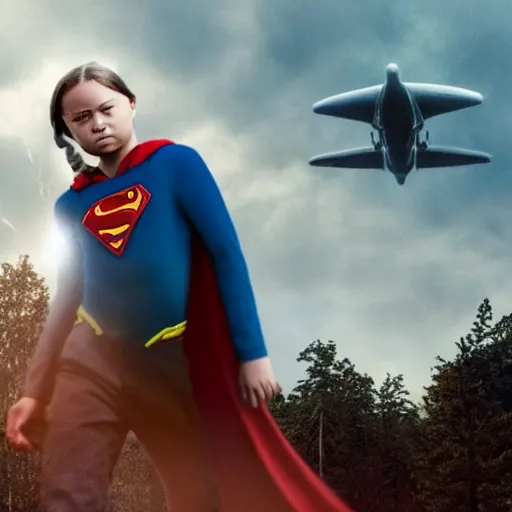 Image similar to epic photo of greta thunberg flying as superman realistic backlit background oil refinery explosions and black smoke. cinematic realistic photographic epic lighting