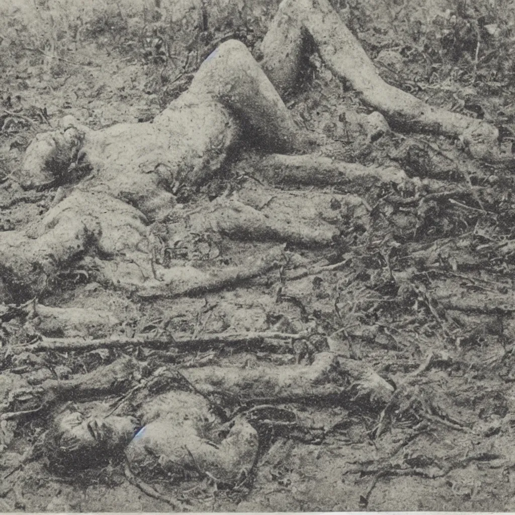 Image similar to grainy 1 8 0 0 s newspaper photo on yellowing paper of a british male explorer lying face down in the mud of a jungle with arrows sticking out of his back