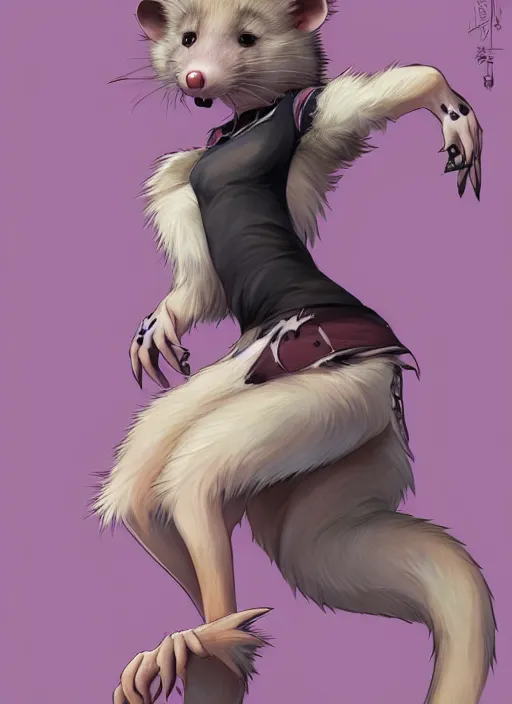 Image similar to character portrait of a female furry anthro opossum fursona wearing a tanktop and shorts with arm tattoos. Character design by charlie bowater, ross tran, artgerm, and makoto shinkai, detailed, inked, western comic book art