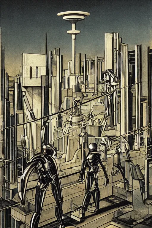 Image similar to cyborgs wander cybernetic architecture by giorgio de chirico