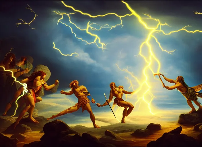 Prompt: soft painting of zeus fighting chronos with a spear of lightning at the top of mount olympus. fantasy style. highly detailed 8 k. intricate. lifelike. soft light. nikon d 8 5 0 5 5 mm. dof. cinematic post - processing.