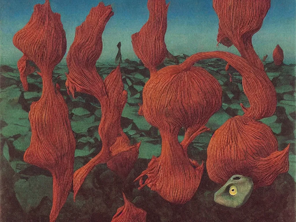 Image similar to flowerpunk, red eyed, looking from the water conch. Boulders of crystal rocks, spiked, wings. Painting by Rene Magritte, Moebius, Jean Delville, Max Ernst, Maria Sybilla Merian, Alfred Kubin