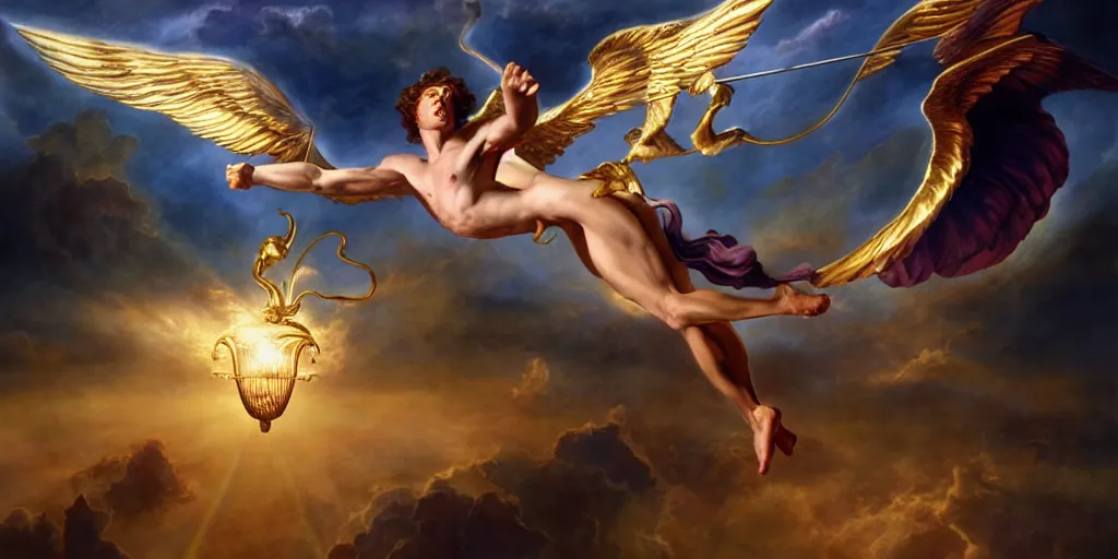 Image similar to Icarus trying to catch the golden snitch, by Rolf Armstrong and Evelyn De Morgan and Bastien Lecouffe-Deharme, dramatic lighting, high contrast colors, baroque, empyrean, panoramic view, as trending on Artstation, highly detailed, doom engine,