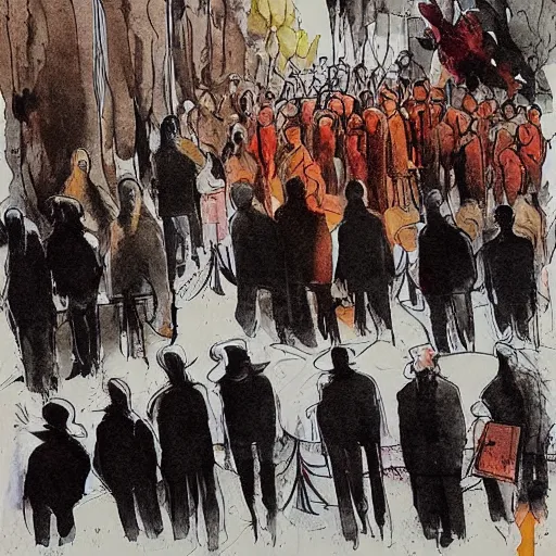 Prompt: A beautiful painting of a group of people waiting in line to vote. burnt umber by Sam Kieth magnificent