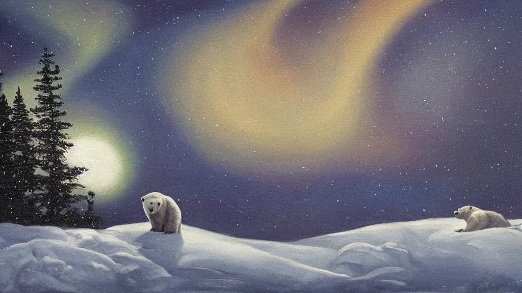 Image similar to an oil painting of a polar bear traversing a snowy landscape at night, the northern lights and the moon are visible