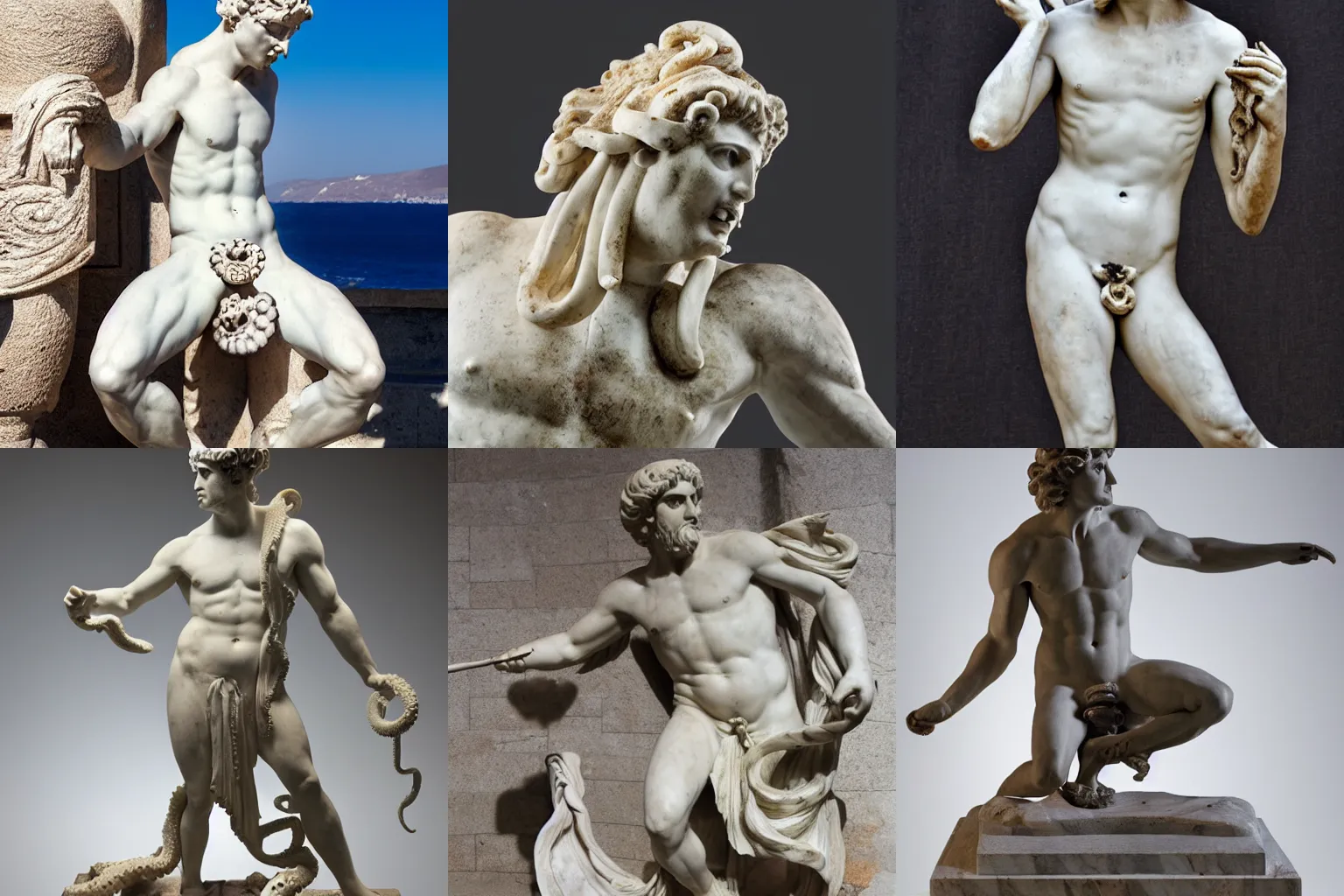 Prompt: Greek marble statue of a man fighting an octopus