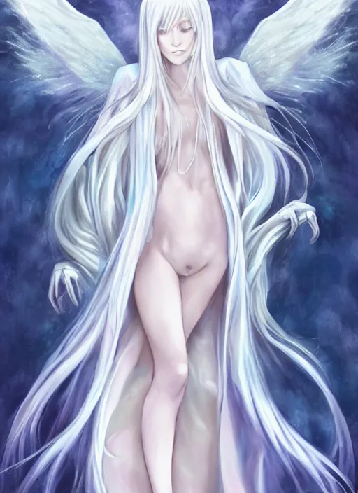 Image similar to thin angel with silver hair so pale and wan!, wearing robes, covered in robes, anime goddess manga, flowing hair, pale skin, young cute face, covered!!, clothed! oil on canvas, 4 k resolution, aesthetic!, mystery