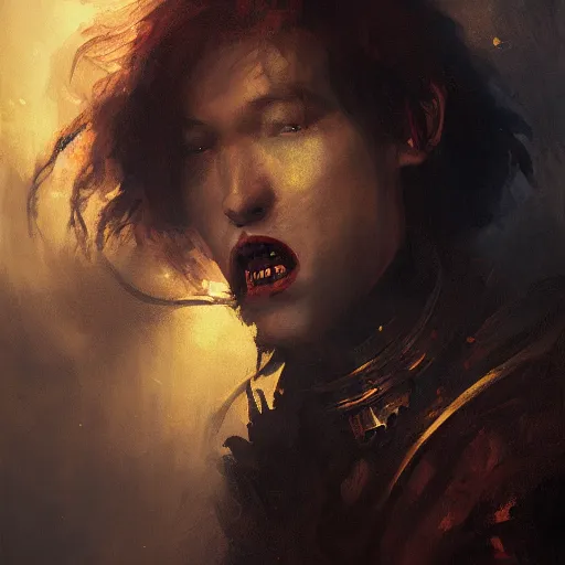 Image similar to portrait painting of a noble vampire monster, mysterious atmospheric lighting, teeth, manor, medieval, dark fantasy, painted, intricate, volumetric lighting, rich deep colours masterpiece, golden hour, sharp focus, ultra detailed, by ruan jia