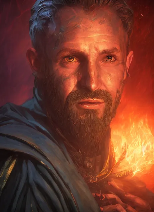 Image similar to A fantasy comic book style portrait painting of a 40 year old male as a Sorcerer in a atmospheric dark fortress, unreal 5, DAZ, hyperrealistic, octane render, RPG portrait, ambient light, dynamic lighting
