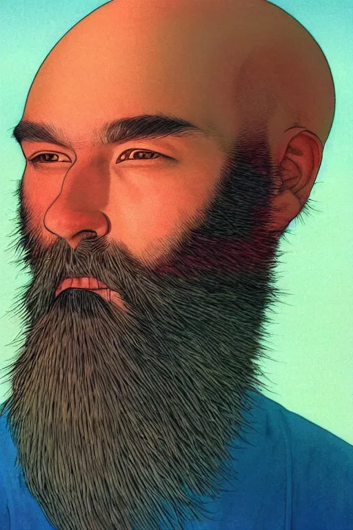 Image similar to a colorful closeup portrait of a young bald man with a very long wild beard dreaming psychedelic hallucinations in the vast icy landscape of antarctica, by kawase hasui, moebius and edward hopper, colorful flat surreal design, hd, 8 k, artstation