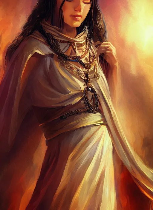 Image similar to Beautiful priestess from the oracle of Delphi, looking into the flames, greek mythology, high face detail, full body, digital art, trending on artstation, dramatic lighting