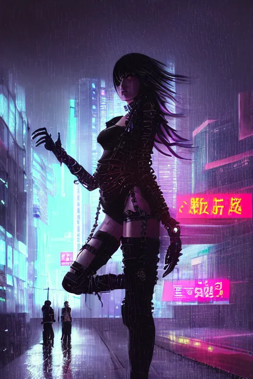 Image similar to portrait futuristic demonic cyberpunk young female pirate, in futuristic stormy thunder rainning tokyo rooftop cyberpunk night, ssci-fi, fantasy, intricate, very very beautiful, elegant, neon light, highly detailed, digital painting, artstation, concept art, soft light, hdri, smooth, sharp focus, illustration, art by tian zi and craig mullins and WLOP and alphonse mucha