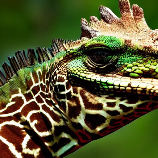 Image similar to nature photograph of a giraffe iguana!! hybrid, bold natural colors, masterpiece, trending on artstation, photograph