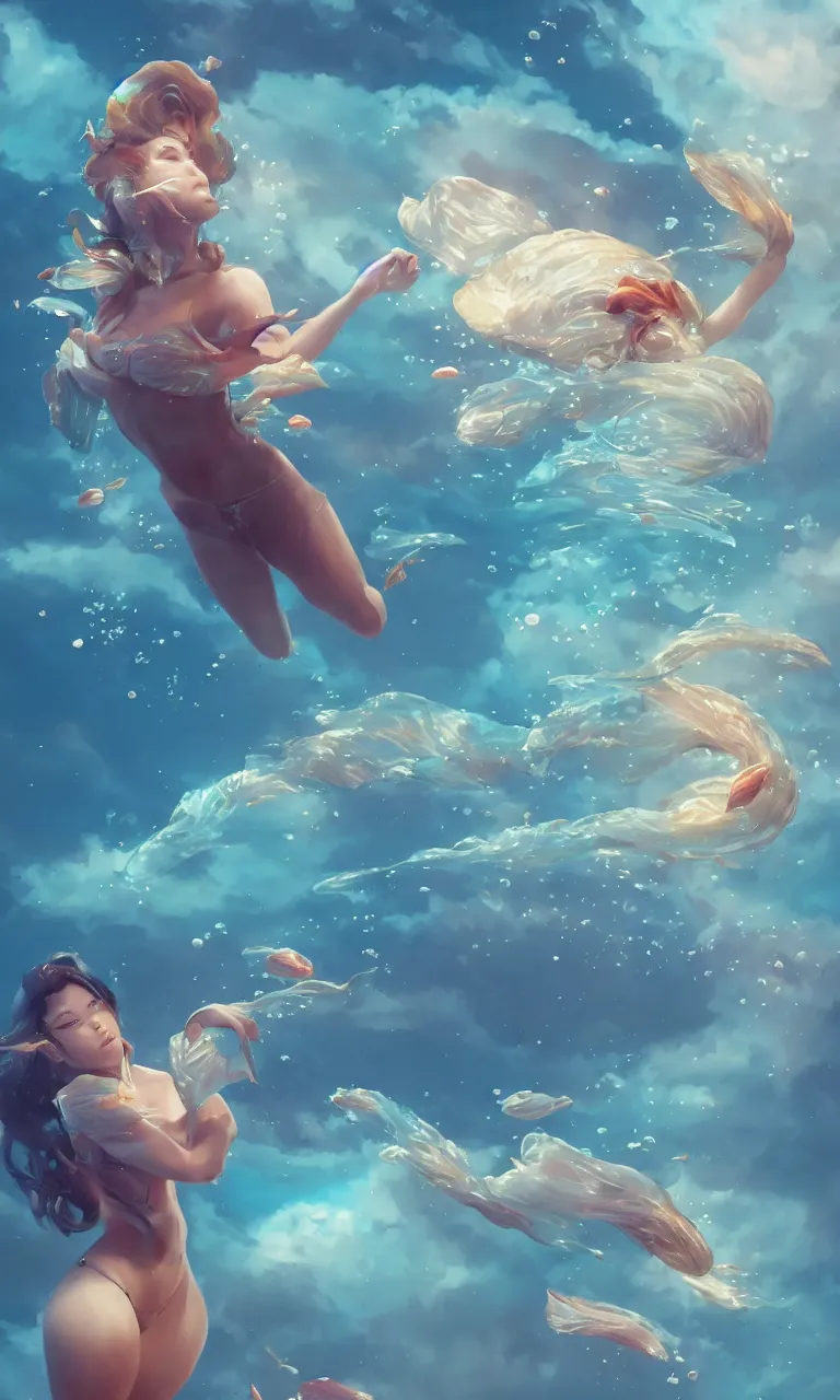 Image similar to a fish woman, diving in the air rounded by jelly clouds made by Stanley Artgerm Lau, WLOP, Rossdraws, ArtStation, CGSociety, concept art, cgsociety, octane render, trending on artstation, artstationHD, artstationHQ, unreal engine, 4k, 8k,