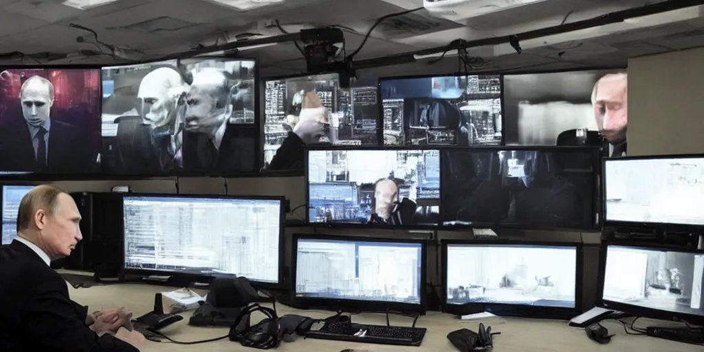 Prompt: vladimir putin hacking into the mainframe, multiple screens and monitors, dark atmosphere, creepy, very detailed, realistic photography