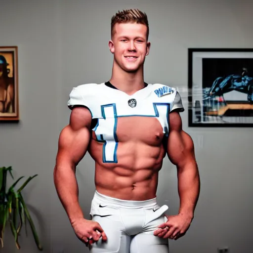 Prompt: a realistic detailed photo of a guy who is an attractive humanoid who is half robot and half humanoid, who is a male android, football player christian mccaffrey, shiny skin, posing like a statue, blank stare, in a living room, on display, showing off his muscles