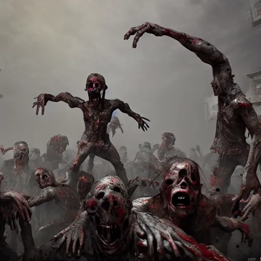 Image similar to a horde of zombies attacking an Statue, award winning, trending on artstation, unreal engine