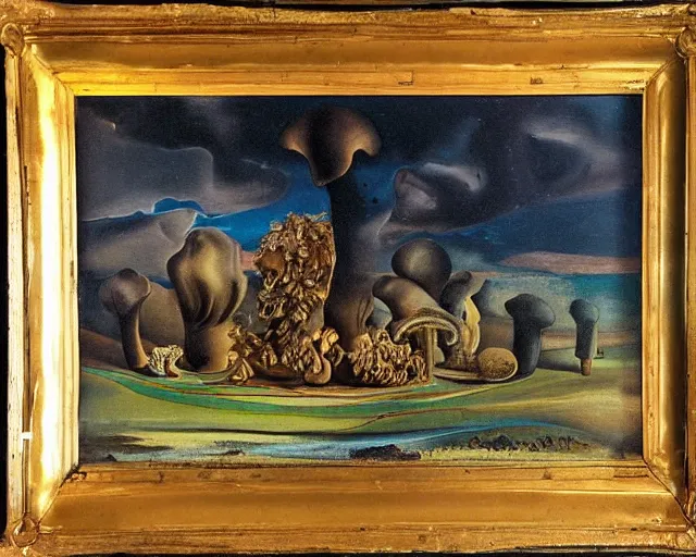 Image similar to A Salvador Dali painting of a small Indiana mushroom farm, Multi Toned, Volumetric Lighting, Dark Sky, Rule of Threes, Award Winning Art