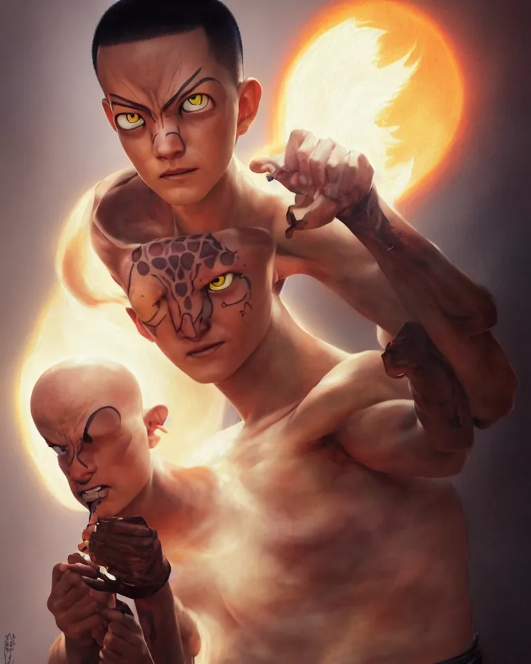 Image similar to avatar aang glowing tattoo,digital art,ultra realistic,ultra detailed,art by greg rutkowski sacha goldberger,hyperdetailed,detailed face,professional lighting,dramatic,3 point lighting