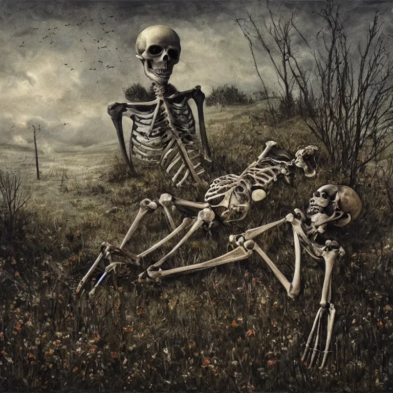 Prompt: dark, beautiful atmospheric painting of decaying skeleton and bones. in a meadow