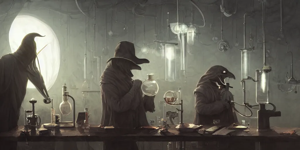 Image similar to a plague doctor and a humanoid rat in a laboratory with lots of flasks filled with magic liquids, stephen bliss, unreal engine, fantasy art by greg rutkowski, loish, rhads, ferdinand knab, ilya kuvshinov, rossdraws, tom bagshaw, global illumination, radiant soft light, detailed and intricate environment