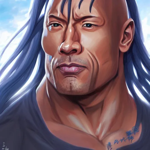 Prompt: anime portrait of dwayne johnson the rock as an anime cat girl waifu, long white hair, twisted braid, watery eyes, by Stanley Artgerm Lau, WLOP, Rossdraws, James Jean, Andrei Riabovitchev, Marc Simonetti, and Sakimichan, trending on artstation