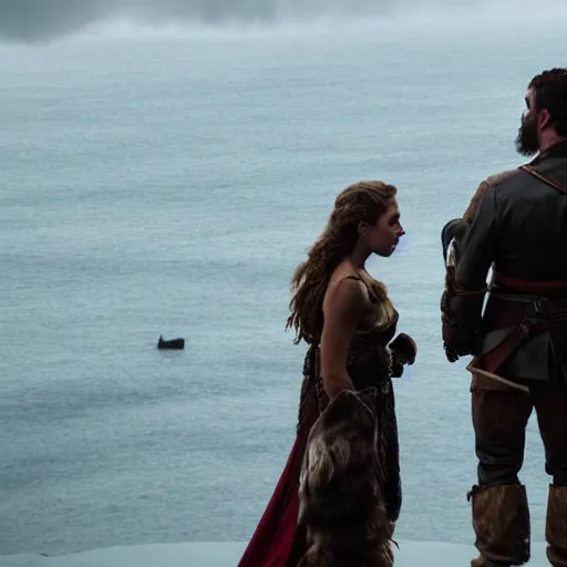 Prompt: romantic meeting on a cliff between a Viking king and a Valkyrie above a burning ocean of war, By Emmanuel Lubezki