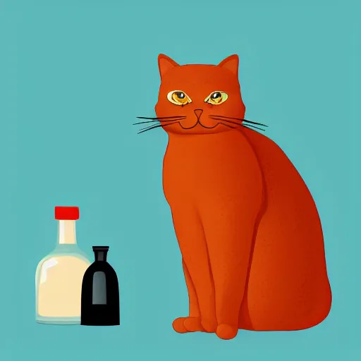 Prompt: a cat standing next to a bottle of medicine. orange cat. animal. digital art. artstation,