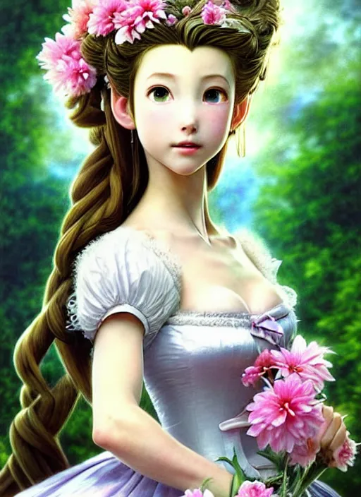 Image similar to elegant Aerith Gainsborough the Queen of flowers. ultra detailed painting at 16K resolution and epic visuals. epically surreally beautiful image. amazing effect, image looks crazily crisp as far as it's visual fidelity goes, absolutely outstanding. vivid clarity. ultra. iridescent. mind-breaking. mega-beautiful pencil shadowing. beautiful face. Ultra High Definition. amazingly crisp sharpness. photorealistic 3D rendering on film cel processed twice..