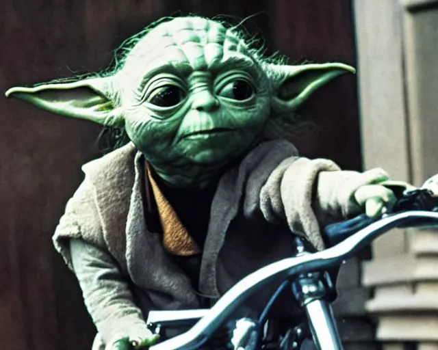 Prompt: photo of yoda wearing a leather biking jacket and dark sunglasses