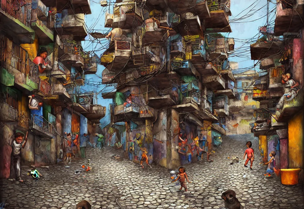 Image similar to photorealistic favela rocinha rio de janeiro with precise rendered alleys with intricate details of gun happy people in alley close view of kid playing with colorful ball and flying kit by Justin Gerard