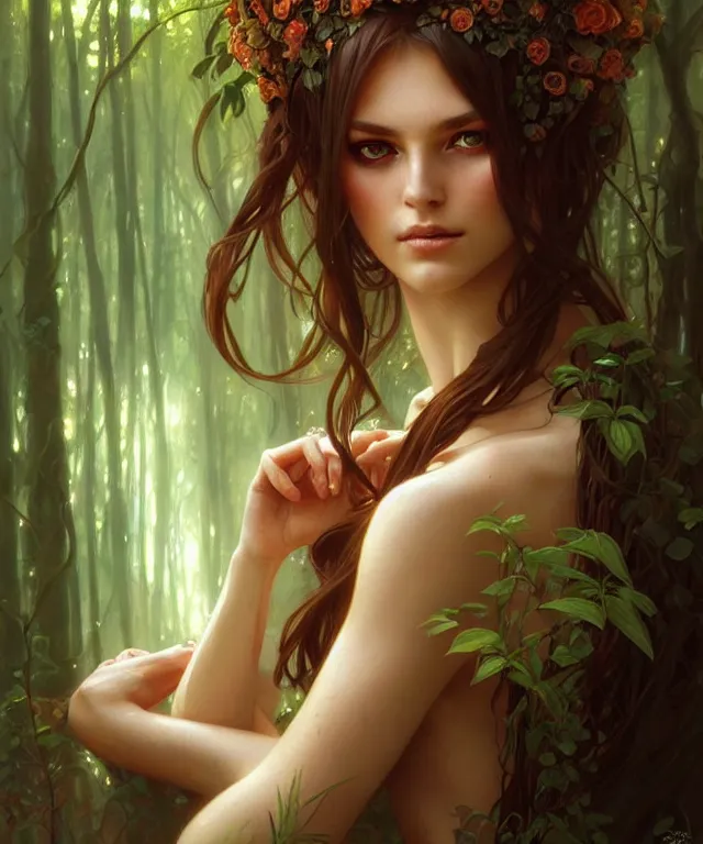 Image similar to Forest nymph woman portrait, amber eyes, face, long hair, fantasy, intricate, elegant, highly detailed, digital painting, artstation, concept art, smooth, sharp focus, illustration, art by artgerm and greg rutkowski and alphonse mucha