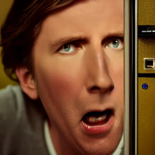 Prompt: a photo of a famous actor trapped inside a television trying to escape, very sharp and detailed 8k photorealistic image, in the style of Wes Anderson