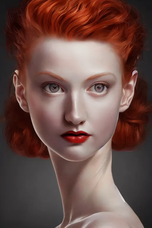 Image similar to hyperrealistic photography of a highly detailed and symmetrical gorgeous red head female ballerina in the style of vargas and wlop, highly detailed, face symmetry, masterpiece, award - winning, sharp focus, intricate concept art, ambient lighting, 8 k, artstation