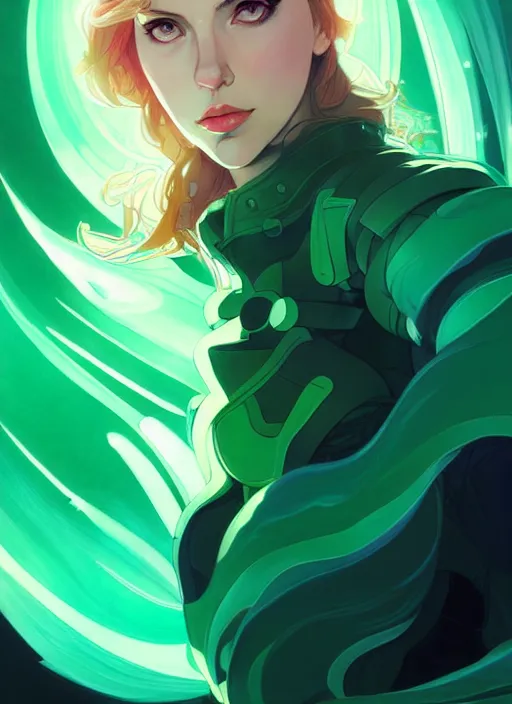 Image similar to style artgerm, joshua middleton, illustration, scarlett johansson as artificer wearing green pelt light armor, anime eyes, blue hair, swirling water cosmos, fantasy, dnd, cinematic lighting