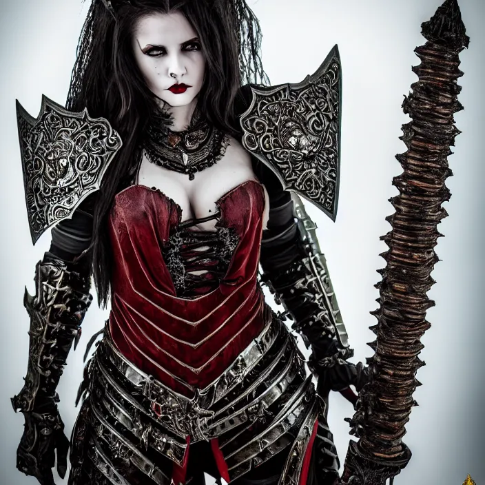 Image similar to full length photo of a very beautiful!! vampire warrior queen with ornate armour, highly detailed, 4 k, hdr, smooth, sharp focus, high resolution, award - winning photo