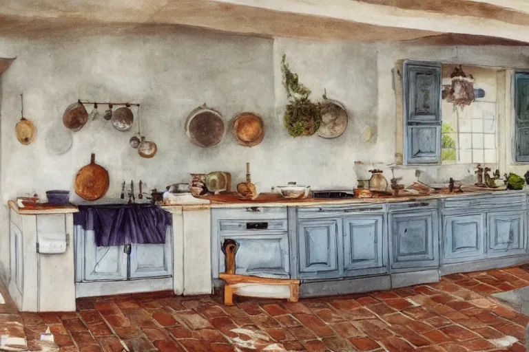 Prompt: Photography of Provence style kitchen with cat in the center, photorealism
