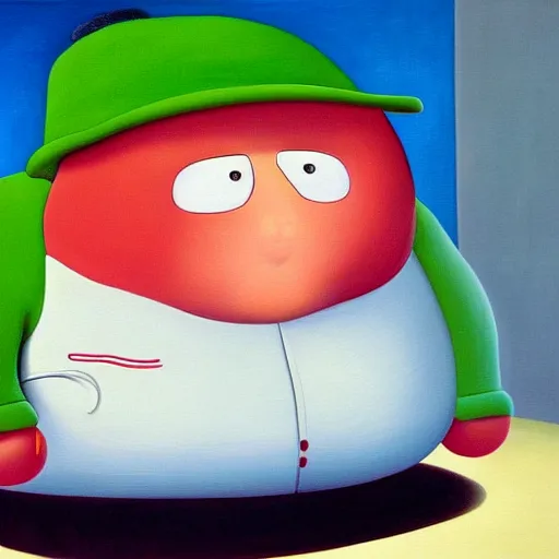 Image similar to a fernando botero painting of eric cartman, oil on canvas, art