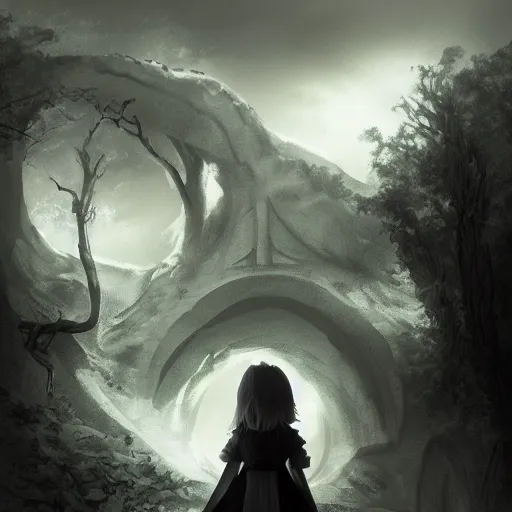 Image similar to cute hobbit hole from lord of the rings, character design contest winner, silhouette, artstation, vray, anime girl, black and white, gothic dress