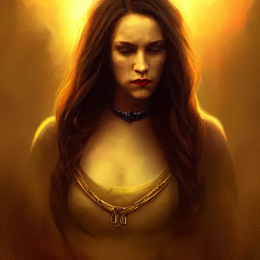 Image similar to majestic gracious regal female brunette vampire portrait, atmospheric lighting, painted, menacing, intricate, volumetric lighting, beautiful, rich deep colours masterpiece, golden hour, sharp focus, ultra detailed, by leesha hannigan, ross tran, thierry doizon, kai carpenter, ignacio fernandez rios