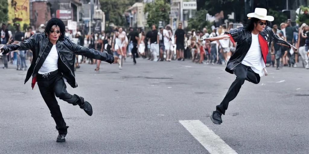 Image similar to leaked photo of Michael Jackson running down street by himself, alone, big crowd, ultra realistic, 4K, movie still, UHD, sharp, detailed, cinematic, render, modern