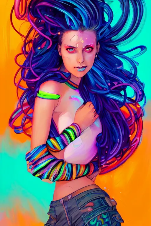 Image similar to a award winning full body portrait of a beautiful woman with stunning eyes in a one off shoulder croptop and cargo pants with rainbow colored hair, outlined by whirling illuminated neon lines and fine lines swirling in circles by jesper ejsing and rhads and makoto and shinkai and lois van baarle, digital art, trending on artstation