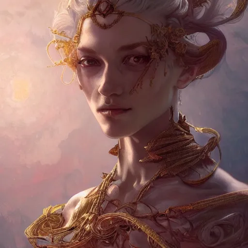 Image similar to portrait of a dead god, D&D, fantasy, intricate, elegant, highly detailed, digital painting, artstation, concept art, smooth, sharp focus, illustration, art by artgerm and greg rutkowski and alphonse mucha