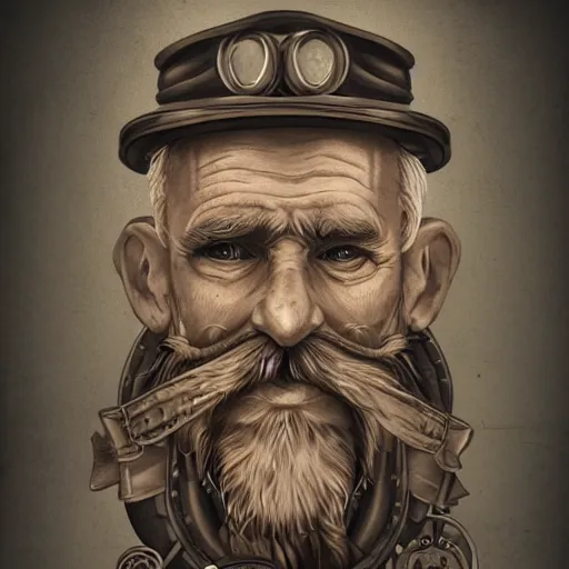 Image similar to a portrait of an old man who is a captain of a boat, weathered, in the style of steampunk, tattoo of boat on chest, holding a spear, retro, with beard and scar on face. trending on artstation, ambient lighting, 4k render, ultra hd:: behance art