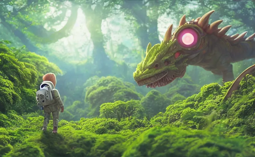 Image similar to a still of a cute adorable tiny astronaut, on a planet of lush foliage, with an enormous kaiju dragon surrounding the background, magical forest, sharp focus, neon backlit, highly detailed, disney pixar studio ghibli makoto shinkai, digital painting, matte, octane render, global illumination, iridescent, anime, 8 k concept art