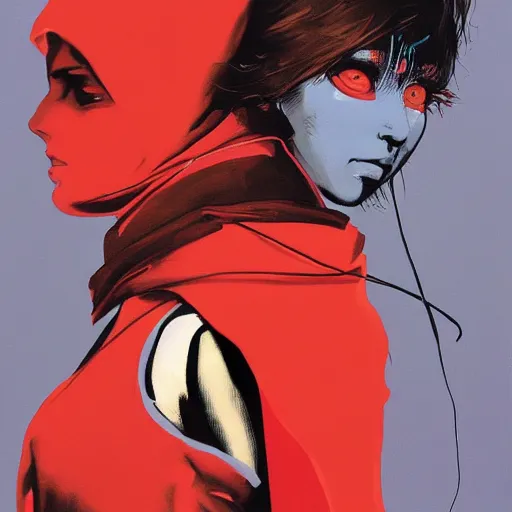 Image similar to portrait of a naive latin woman wearing a red hood, with a mechanical neon-eyed wren-bird sitting on her shoulder, oil on canvas by Yoji Shinkawa and Stina Persson