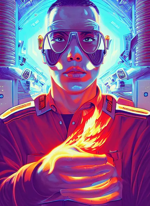 Image similar to burning police officer in sci fi prison, tristan eaton, victo ngai, artgerm, rhads, ross draws