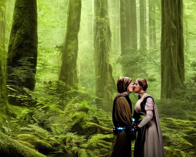 Image similar to luke skywalker, princess leia and han solo hugging and kissing in the forest of endor in a modern remake of return of the jedi