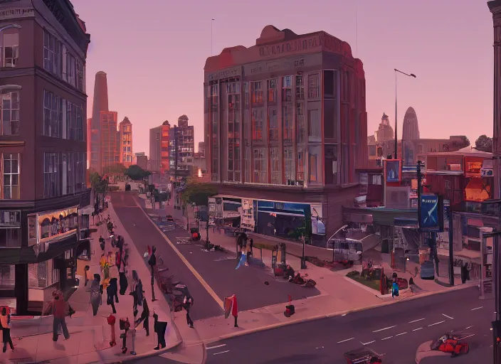 Prompt: crowd of working citizens carrying daily routines on the backdrop of missiles hitting residential buildings, DSLR 35mm, by Edward Hopper and Dan Mumford, Unreal Engine 5, Lumen, Nanite