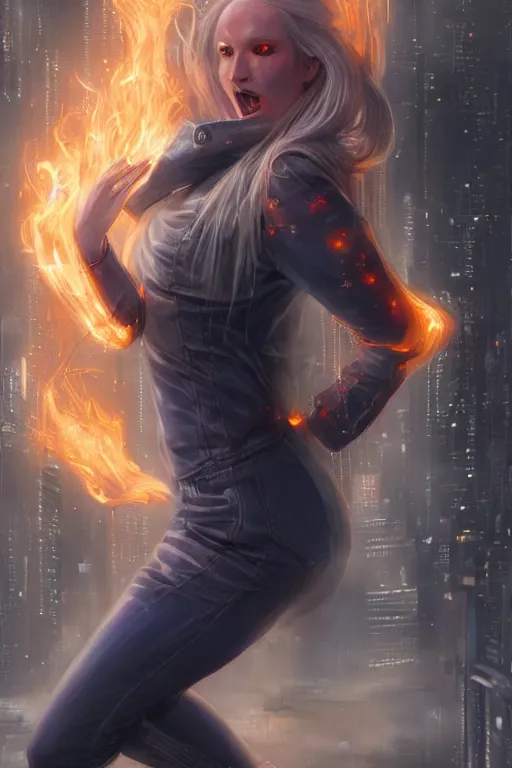 Prompt: wonderful young blonde woman with flames dancing on her hands with a long jacket in a cyberpunk city mouth open in a cry, realistic, high definition, detailed and symetric face, detailed and realistic hands, expressive eyes, 4 k, shimmering color, art by artgerm ans greg rutkowski and magali villeneuve